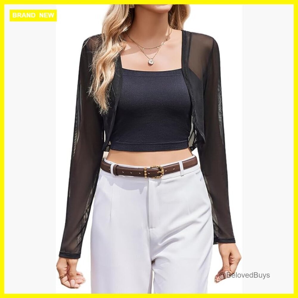 Sheer Long Sleeve Cropped Cardigan Open Front Bolero Shrug S-XXL
